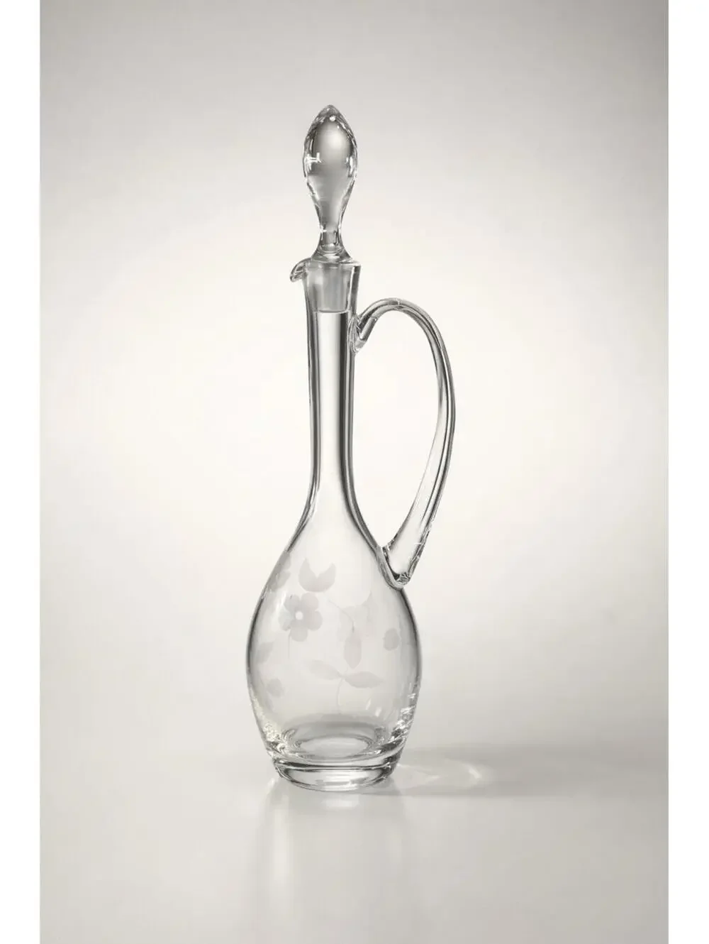Vintage Floral Etched Glass Decanter with Stopper - 15 Inch Tall